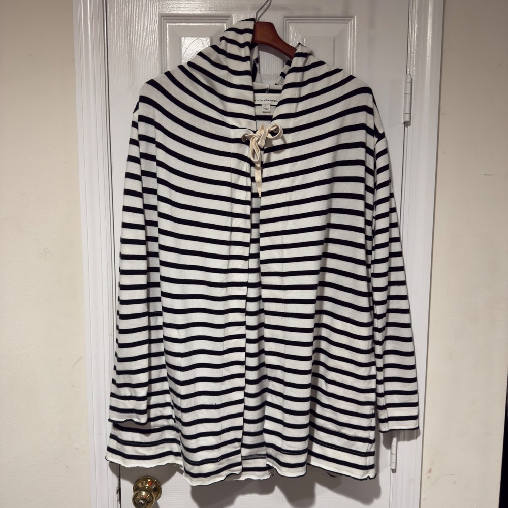 White + Warren Navy Stripe Hooded Swim Cover Up | Size L‎ | Made in Peru